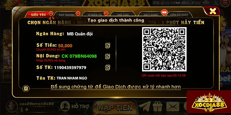 Giao dịch ngân hàng khi nạp tiền vào XOCDIA88 số lượng lớn