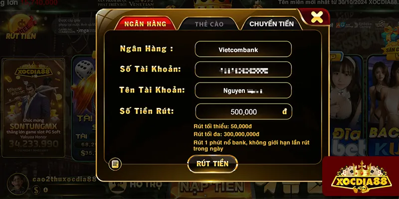 Phương thức rút tiền XOCDIA88 qua ngân hàng và thẻ cào