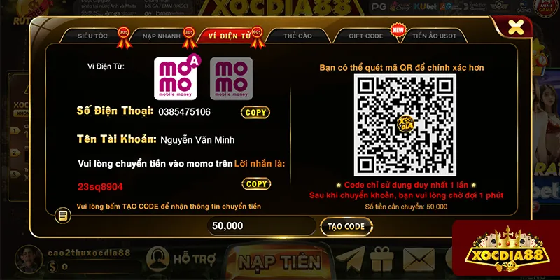Quét mã QR nạp tiền XOCDIA88 bằng ví điện tử